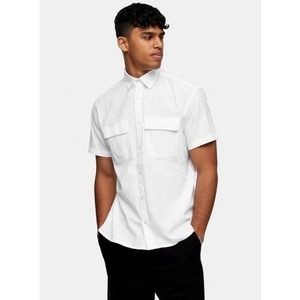 Men's Selected Hommes White Double Pocket Short Sleeve Button Down Shirt